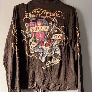 Ed Hardy Black Hoodie with Gold Skull Pendant